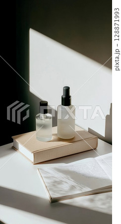 Two frosted glass bottles on book in sunlit room with shadows, ideal for background Two frosted glass bottles on book in sunlit room with shadows, ideal for background 128871993