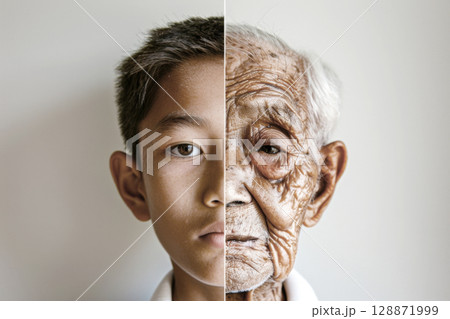 Split screen comparison of elderly and young asian man, concept of aging 128871999