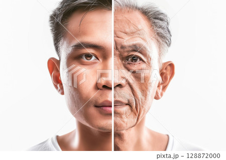 Split screen comparison of elderly and young asian man, concept of aging 128872000