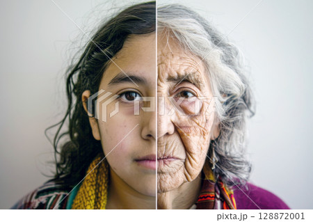Split screen comparison of elderly and young Hispanic woman, portrait concept 128872001