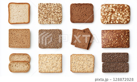 Assortment of diet breads including seed loaf, varieties displayed on white background Assortment of diet breads including seed loaf, varieties displayed on white background 128872028