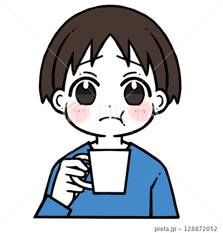 コップを持つ不満げな顔の男の子のイラスト 128872052