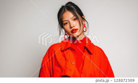 Fashion portraits of Asian women in bright red outfits posing against white backgrounds 128872309