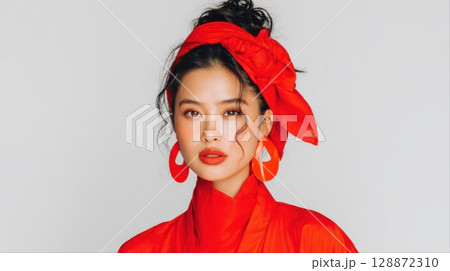 Fashion portraits of Asian women in bright red outfits posing against white backgrounds 128872310
