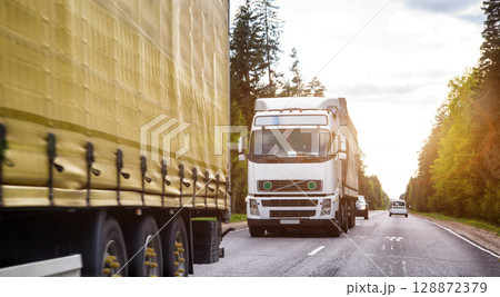 A column of trucks with semi-trailers transports cargo along a country road. Logistics company for the delivery of consolidated cargo. GPS tracking and cargo insurance. Summer nature and forest. Copy A column of trucks with semi-trailers transports cargo along a country road. Logistics company for the delivery of consolidated cargo. GPS tracking and cargo insurance. Summer nature and forest. Copy 128872379
