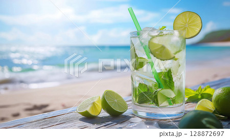 Refreshing mojito cocktail with lime, mint, and ice in glass on beach background. Summer tropical drink concept. Refreshing mojito cocktail with lime, mint, and ice in glass on beach background. Summer tropical drink concept. 128872697