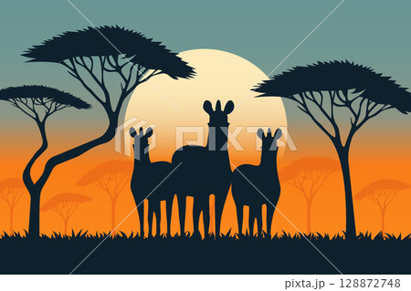 Zebras Silhouette in Savannah Vector Illustration. 128872748