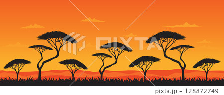 Savannah Sunset Scenery Flat Vector. 128872749