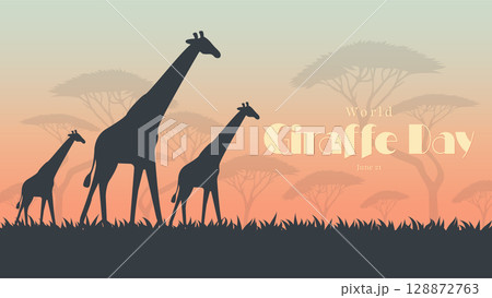 World Giraffe Day Poster with Silhouettes in African Savannah Vector. 128872763