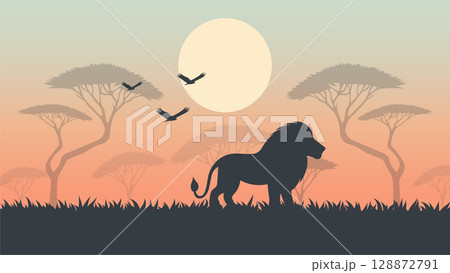 African Lion Silhouette at Sunset Vector Illustration. African Lion Silhouette at Sunset Vector Illustration. 128872791
