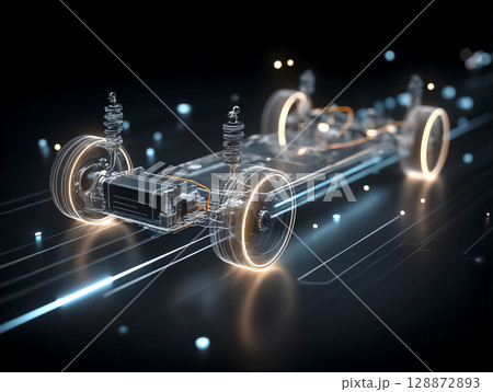 EV自動車の主要パーツと配線のワイヤーフレームのスケルトンCG画像 EV自動車の主要パーツと配線のワイヤーフレームのスケルトンCG画像 128872893