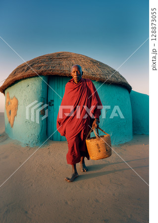 A man in a red robe is walking in front of a blue hut 128873055