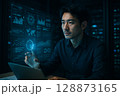 サイバー空間でパソコンを操作するカジュアルなネットワークイメージ 128873165