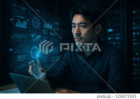 サイバー空間でパソコンを操作するカジュアルなネットワークイメージ 128873165