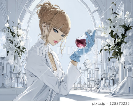 人工血液の入った試験管を持つ科学者のイラスト素材 人工血液の入った試験管を持つ科学者のイラスト素材 128873223