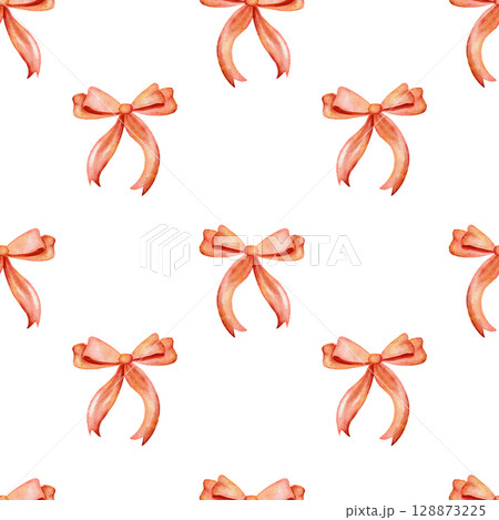 Hand drawn seamless pattern with cute watercolor orange ribbon bows. Trendy grandmillenial preppy design for birthday celebration party, girly nursery decor, lovely decoration greeting, love gift 128873225