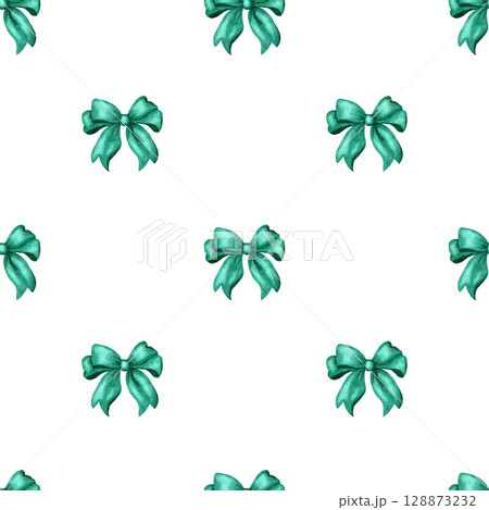Hand drawn seamless pattern with cute emerald green watercolor ribbon bows. Trendy grandmillenial preppy design for birthday celebration party, girly nursery decor, lovely decoration greeting, love 128873232