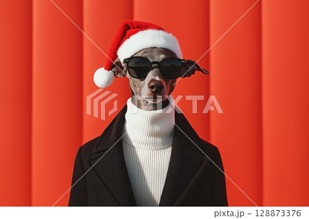 Stylish Greyhound in Santa Hat and Sunglasses 128873376