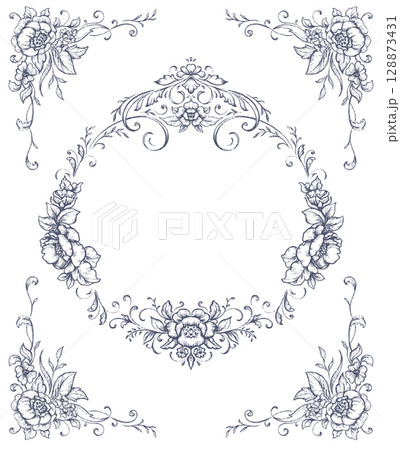 Vintage vector frame with a lot of floral elements, dividers, corners. Retro Victorian style. 128873431