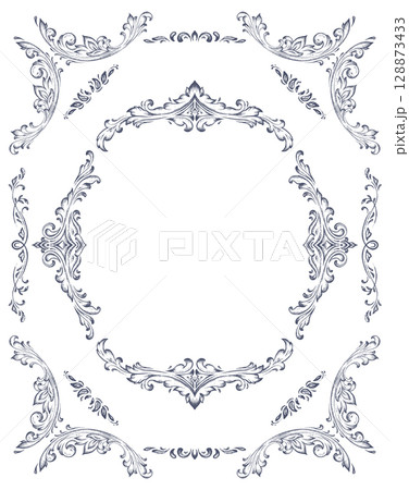 Vintage vector frame with a lot of floral elements, dividers, corners. Retro Victorian style. 128873433