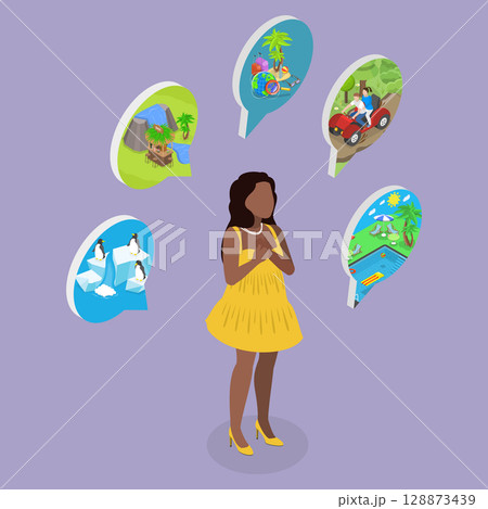 3D Isometric Flat Vector Illustration of Fantasy and Brainstorm Process Visualization, Woman Dreams 128873439
