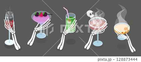3D Isometric Flat Vector Illustration of Halloween Drinks, Collection Of Skeleton Hands Holding Spooky Halloween Coctails 128873444