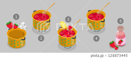 3D Isometric Flat Vector Illustration of Homemade Jam, Recipe For Strawberry Sweet 128873445