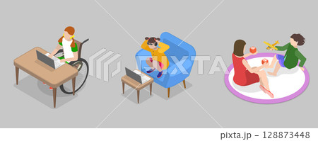 3D Isometric Flat Vector Illustration of Awareness and Inclusion in Childhood, Engaging Special Needs Students In Educational And Recreational Activities 128873448
