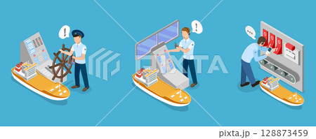 3D Isometric Flat Vector Illustration of Marine Transportation and Logistics, Abstract Sea Transport Professions. 128873459
