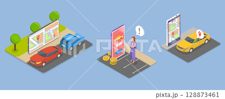 3D Isometric Flat Vector Illustration of Renting a Car Using a Mobile Application, Rideshare Company Services 3D Isometric Flat Vector Illustration of Renting a Car Using a Mobile Application, Rideshare Company Services 128873461