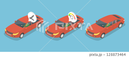 3D Isometric Flat Vector Illustration of Road Safety, Depicting Abstract Concepts Related To Safe Car Driving 128873464