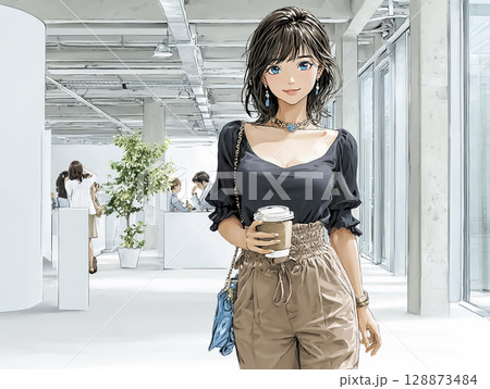 コーヒー片手に出勤するビジネスウーマンのイラスト素材 128873484