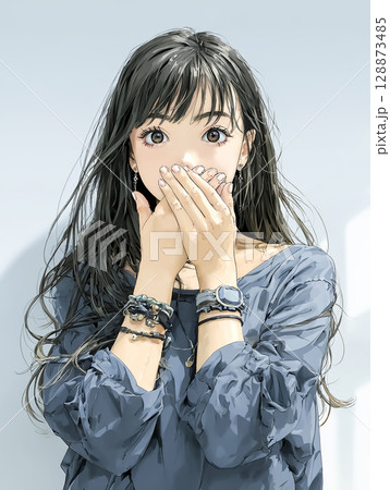 手を口に当てて驚くビジネスウーマンのイラスト素材 128873485