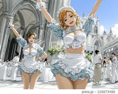 メイドカフェ　踊るメイドのイラスト素材 128873488
