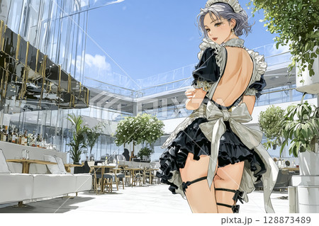 メイドカフェ　テラス席で働くメイドのイラスト素材　振り向く 128873489