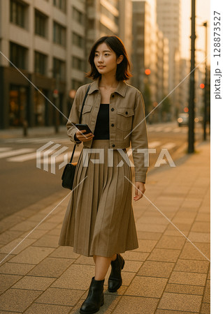 都会を歩く若い日本人女性・洗練されたモノトーンファッション 128873527