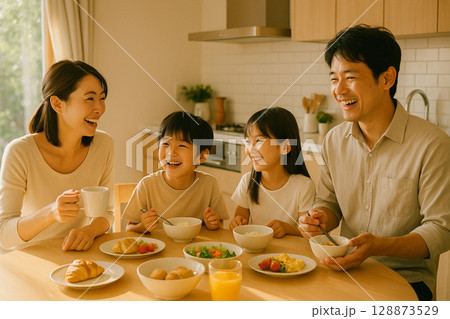 家族団らんの朝食風景・笑顔あふれる幸せな時間 128873529