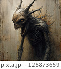 Terrifying Horned Demon Emerging from a Rotting Wall in a Dark Horror Scene painting poster 128873659