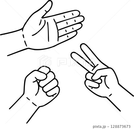 Rock Paper Scissors hands palying outline icon line art, black and white doodle style 128873673