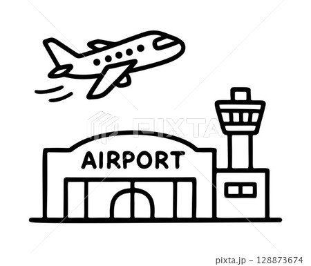 airport black and white icon clean line art, doodle style 128873674