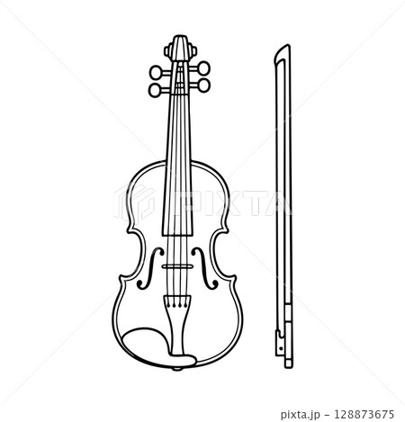 violin and bow outline icon line art, black and white doodle style 128873675