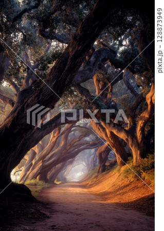 A path through a forest of trees with a sun shining through the leaves 128873949