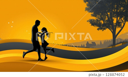 Silhouette of a couple embracing on a colorful hill with a tree, small house, and orange-yellow sunset sky 128874052