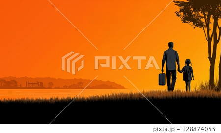 Silhouette of a man and young girl walking with a suitcase beside a peaceful lake during golden sunset 128874055