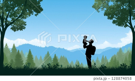 A father holds his child under trees in silhouette with forested mountains and clouds in the background 128874058