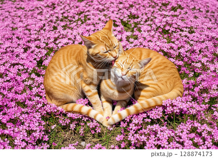 ピンクの芝桜畑で尻尾がハートになった愛らしい猫カップル  仲睦まじい猫の兄弟 寄り添っている 128874173