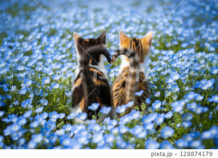 ネモフィラ畑で寄り添う2匹の子猫の後ろ姿 - 春の絶景 子猫の兄弟の冒険 ネモフィラ畑で寄り添う2匹の子猫の後ろ姿 - 春の絶景 子猫の兄弟の冒険 128874179
