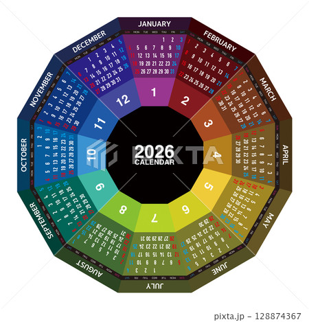 2026年の12角形年間カレンダー 日本の祝日表記はありません 128874367