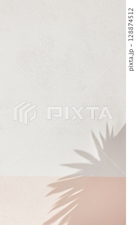Tropical plant casting shadow with geometric pattern across minimalist two tone wall, reflecting summer design aesthetic with clean, contemporary feel 128874512