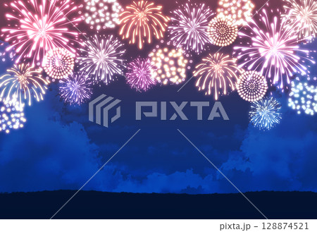 カラフルな花火と夜空 背景 風景 夏 カラフルな花火と夜空 背景 風景 夏 128874521